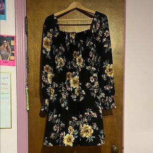 Xhilaration Black Dress with Yellow Floral Pattern